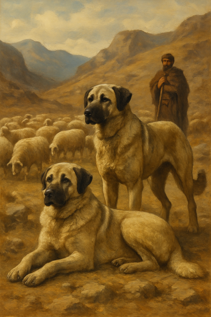 Deux kangal veillant sur le troupeau d'un berger. Image type époque