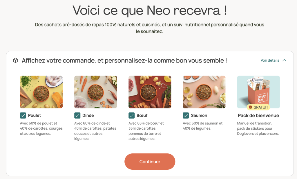 Les divers repas de Dogfy diet inclu dans la box d'essai